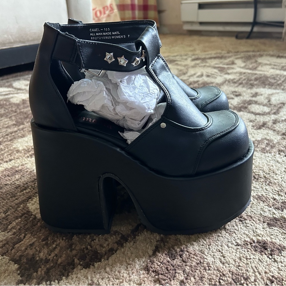 Demonia Black Platform Shoes with Silver Accents